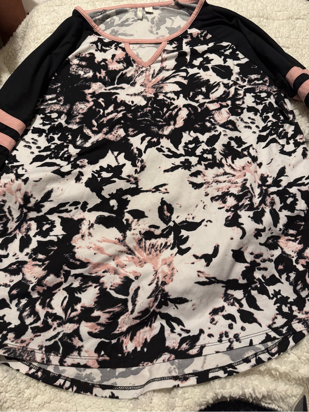 Women’s Black and Blush Floral Raglan Long Sleeve Tee